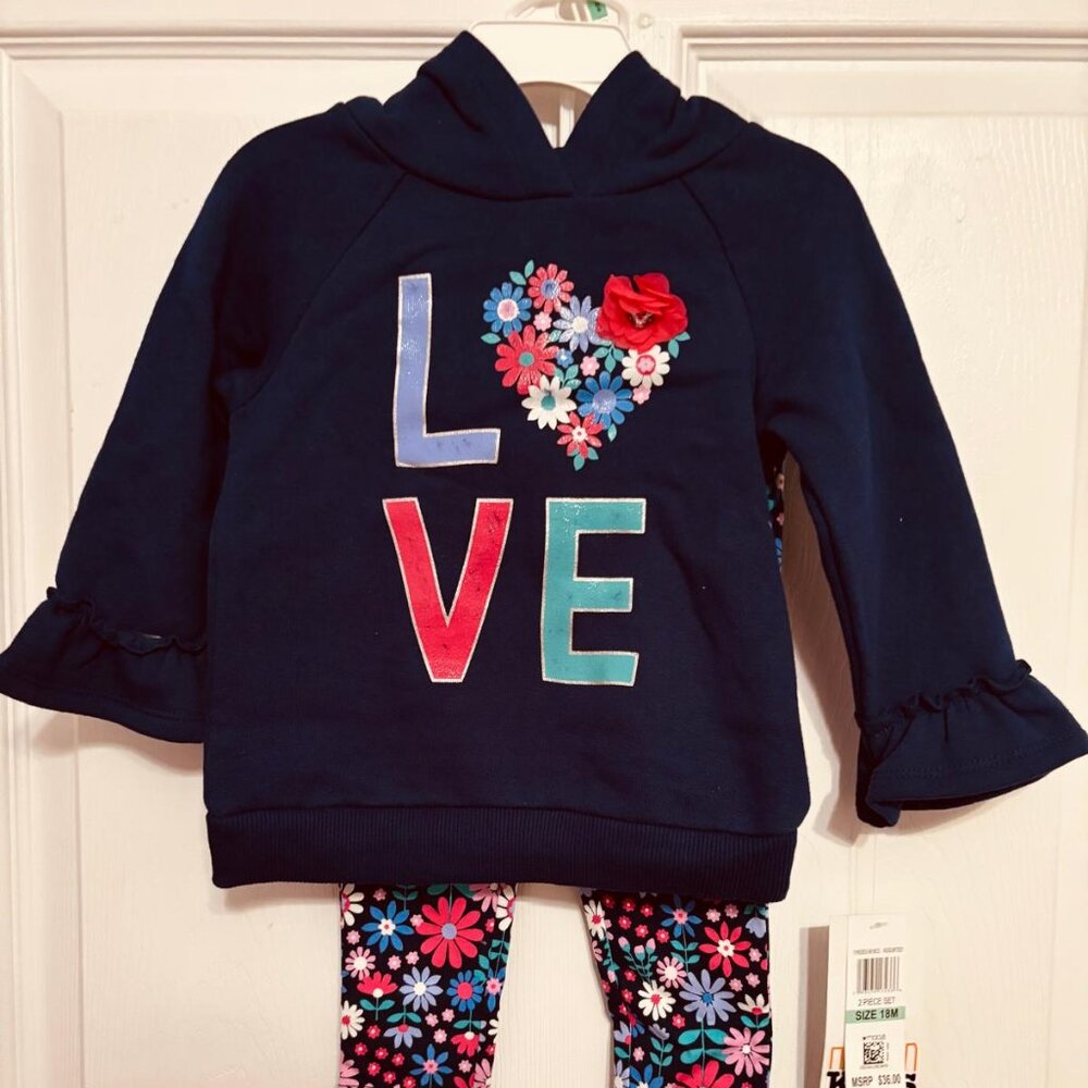 Kids Headquarters Girl Hoodie & Floral Leggings Outfit Set Navy 18M